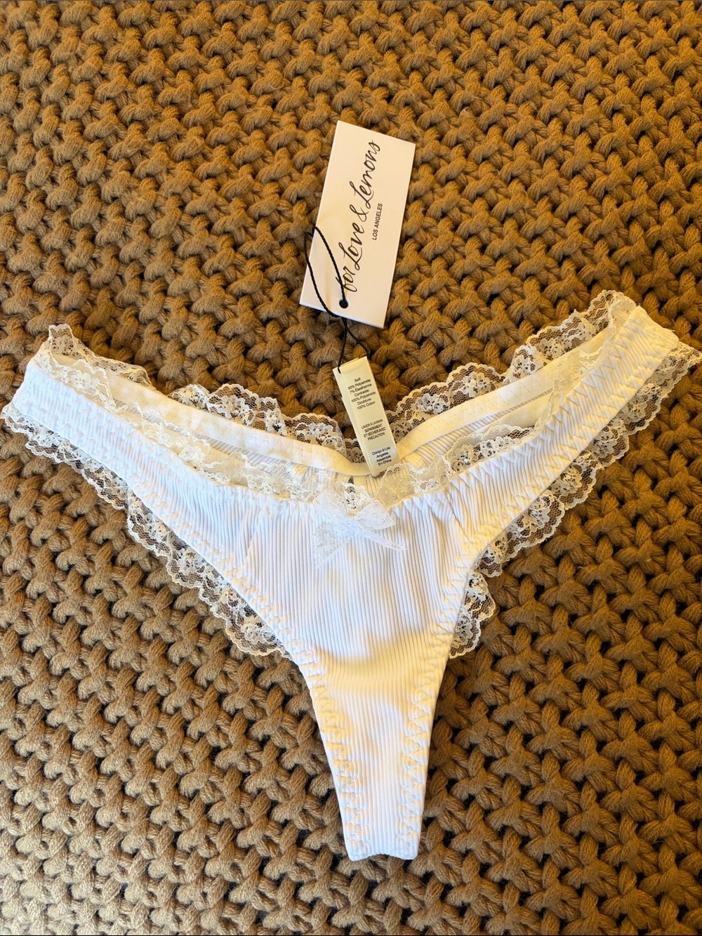 For Love And Lemons White Ribbed Lace-Trim Thong